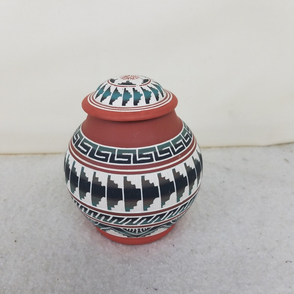 Southwestern Style Pottery Jar with Lid Red Terracotta Native Design